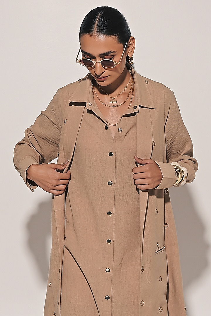 Beige Blended Linen Summer Shirt Dress With Jacket by Kriti Bapna at Pernia's Pop Up Shop