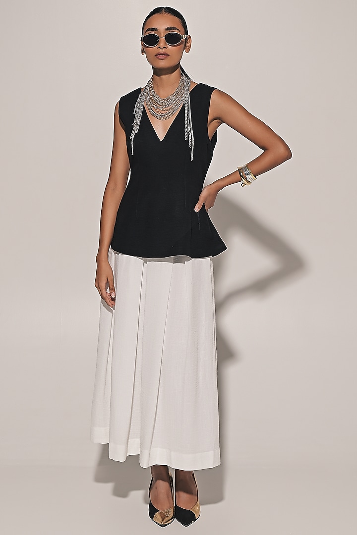 White Blended Linen Pleated Skirt Set by Kriti Bapna at Pernia's Pop Up Shop