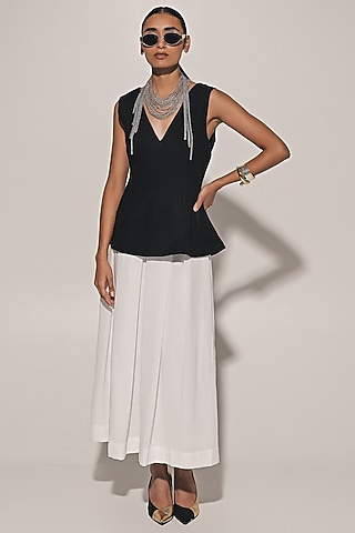 White Blended Linen Pleated Skirt Set by Kriti Bapna
