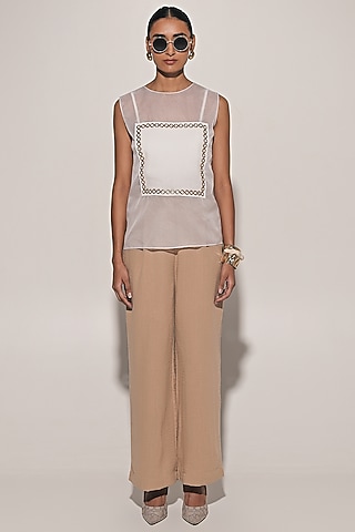 Beige Blended Line Pant Set by Kriti Bapna