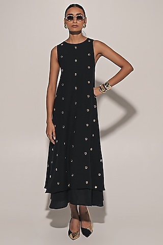 Black Blended Linen Layered Dress by Kriti Bapna