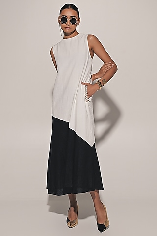 White & Black Blended Line Color-Blocked Maxi Dress by Kriti Bapna
