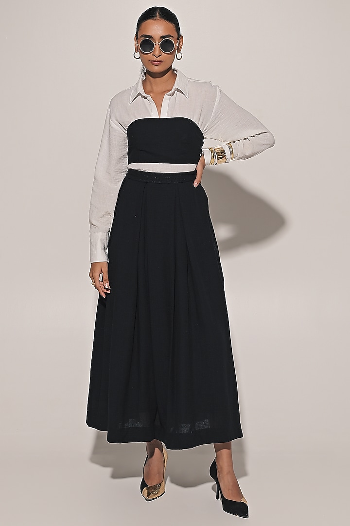 Black Blended Line Pleated Skirt Set by Kriti Bapna at Pernia's Pop Up Shop