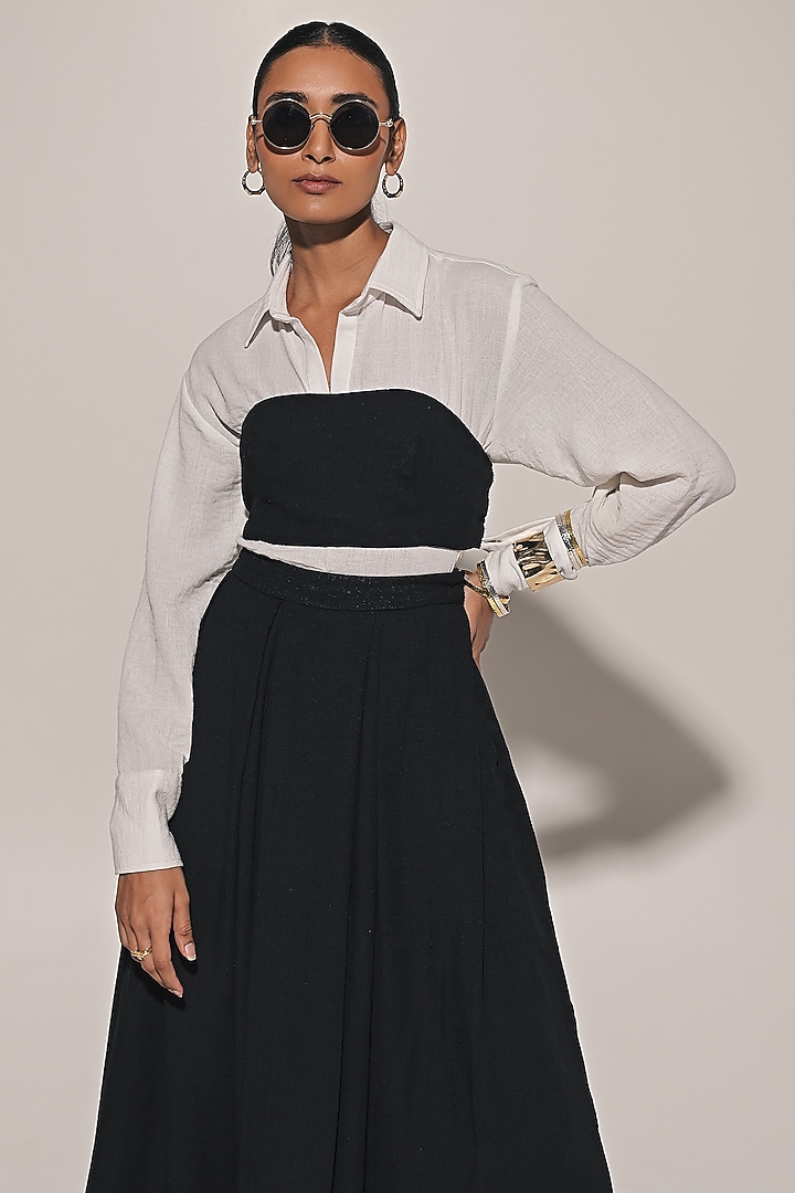 Black Blended Line Pleated Skirt Set by Kriti Bapna at Pernia's Pop Up Shop
