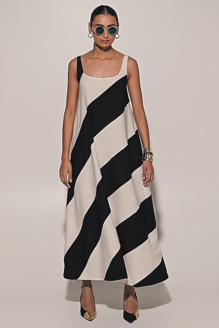 White & Black Imported Scuba Georgette Striped Summer Dress by Kriti Bapna at Pernia's Pop Up Shop