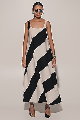 White & Black Imported Scuba Georgette Striped Dress by Kriti Bapna