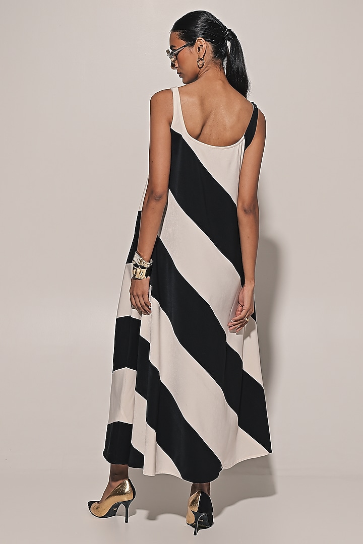White & Black Imported Scuba Georgette Striped Summer Dress by Kriti Bapna at Pernia's Pop Up Shop