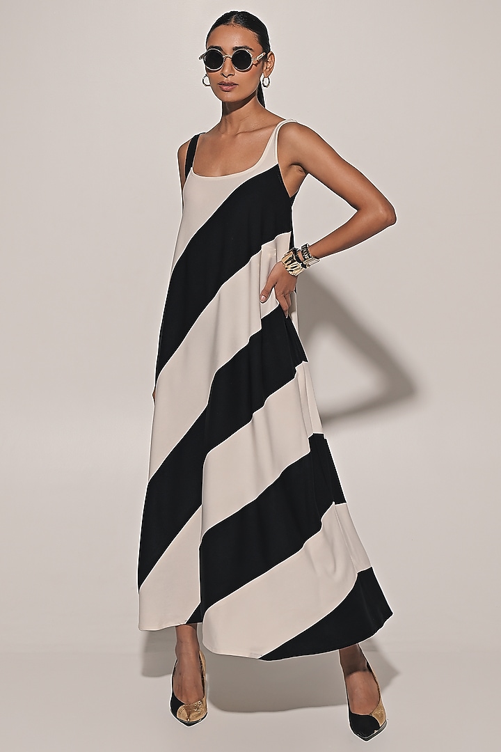 White & Black Imported Scuba Georgette Striped Summer Dress by Kriti Bapna at Pernia's Pop Up Shop