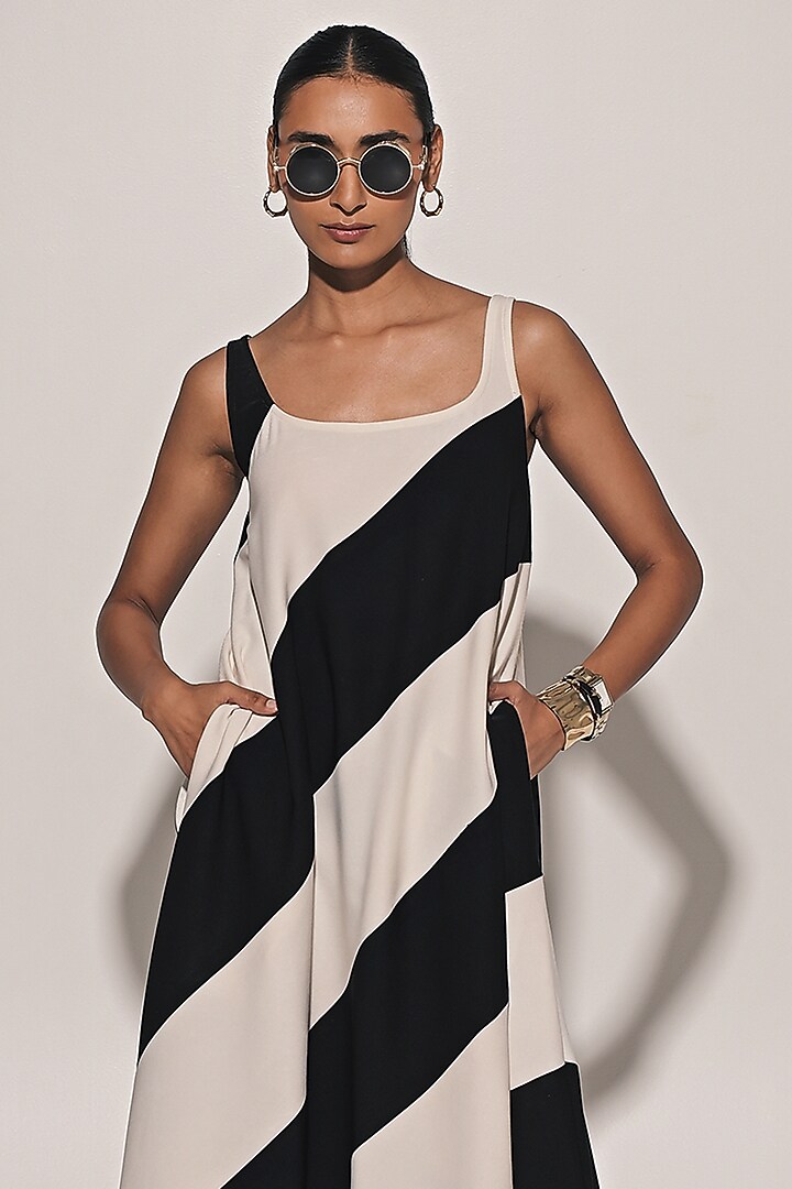 White & Black Imported Scuba Georgette Striped Summer Dress by Kriti Bapna at Pernia's Pop Up Shop