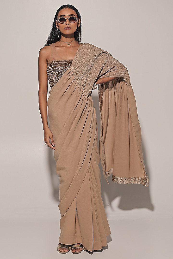 Beige Blended Line Ruched Festive Saree Set by Kriti Bapna at Pernia's Pop Up Shop