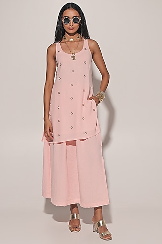Peach Blended Linen Skirt Set by Kriti Bapna