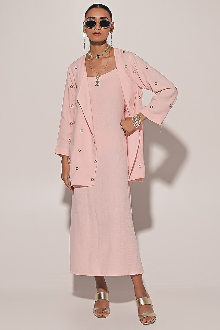Peach Blended Linen Summer Dress With Jacket by Kriti Bapna at Pernia's Pop Up Shop