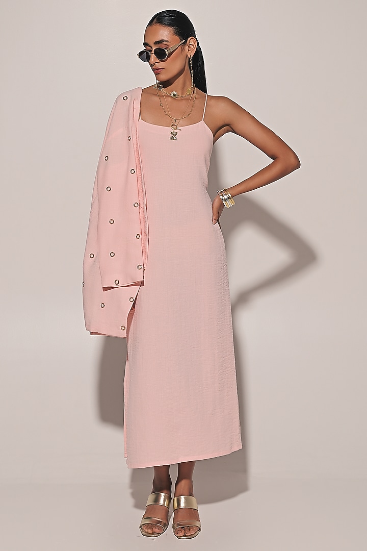 Peach Blended Linen Summer Dress With Jacket by Kriti Bapna at Pernia's Pop Up Shop
