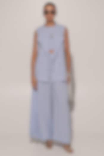 Blue Blended Linen Co-Ord Set by Kriti Bapna at Pernia's Pop Up Shop