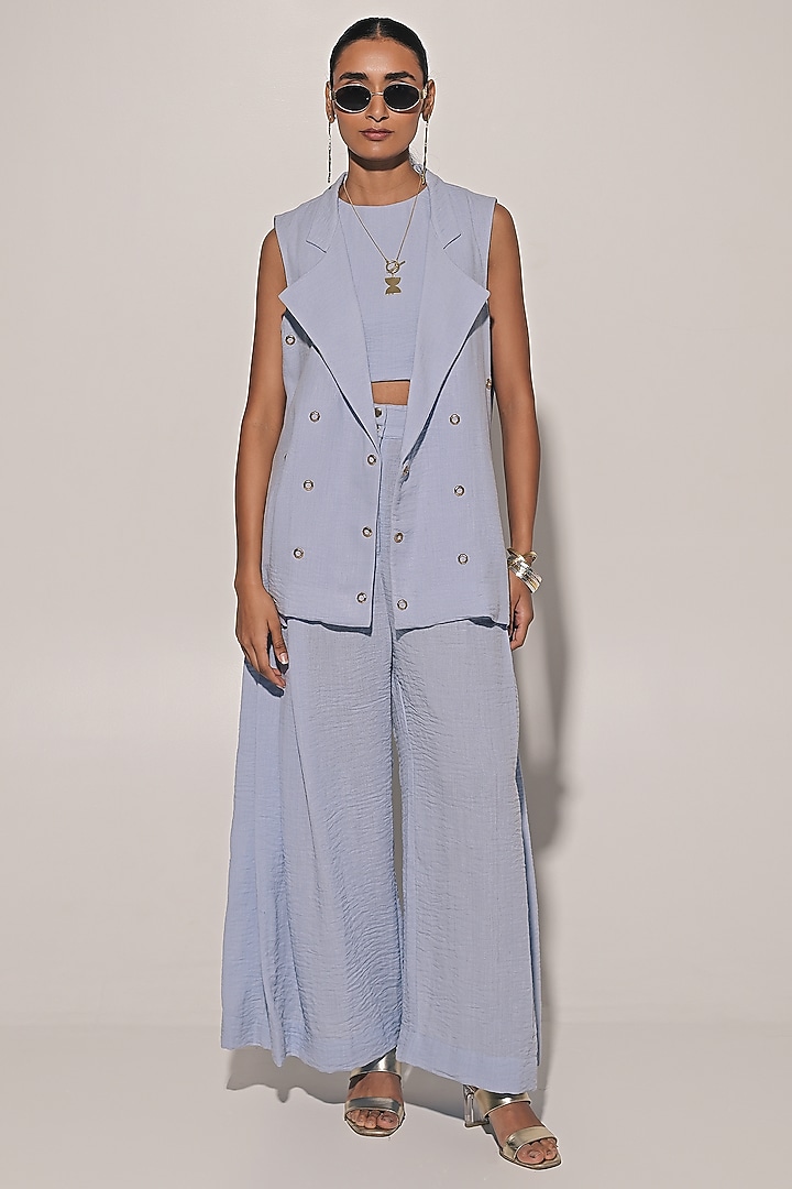 Blue Blended Linen Co-Ord Set by Kriti Bapna at Pernia's Pop Up Shop