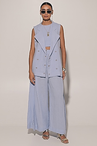 Blue Blended Linen Co-Ord Set by Kriti Bapna