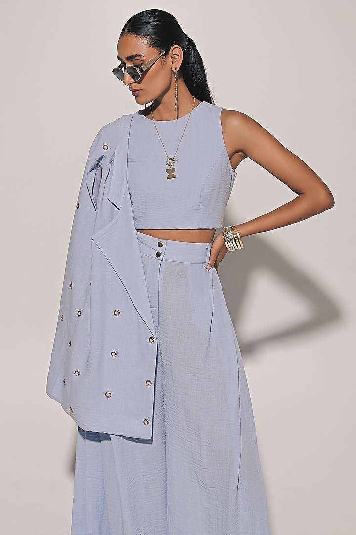 Blue Blended Linen Co-Ord Set by Kriti Bapna at Pernia's Pop Up Shop