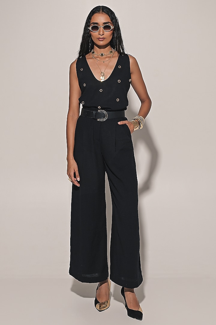 Black Blended Linen Co-Ord Set by Kriti Bapna at Pernia's Pop Up Shop