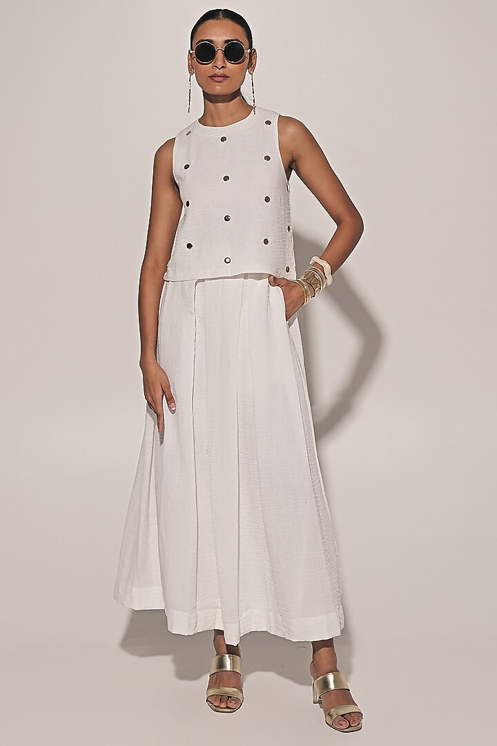 White Blended Linen Skirt Set by Kriti Bapna at Pernia's Pop Up Shop