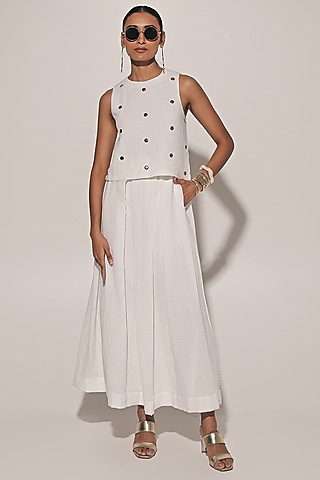 White Blended Linen Skirt Set by Kriti Bapna