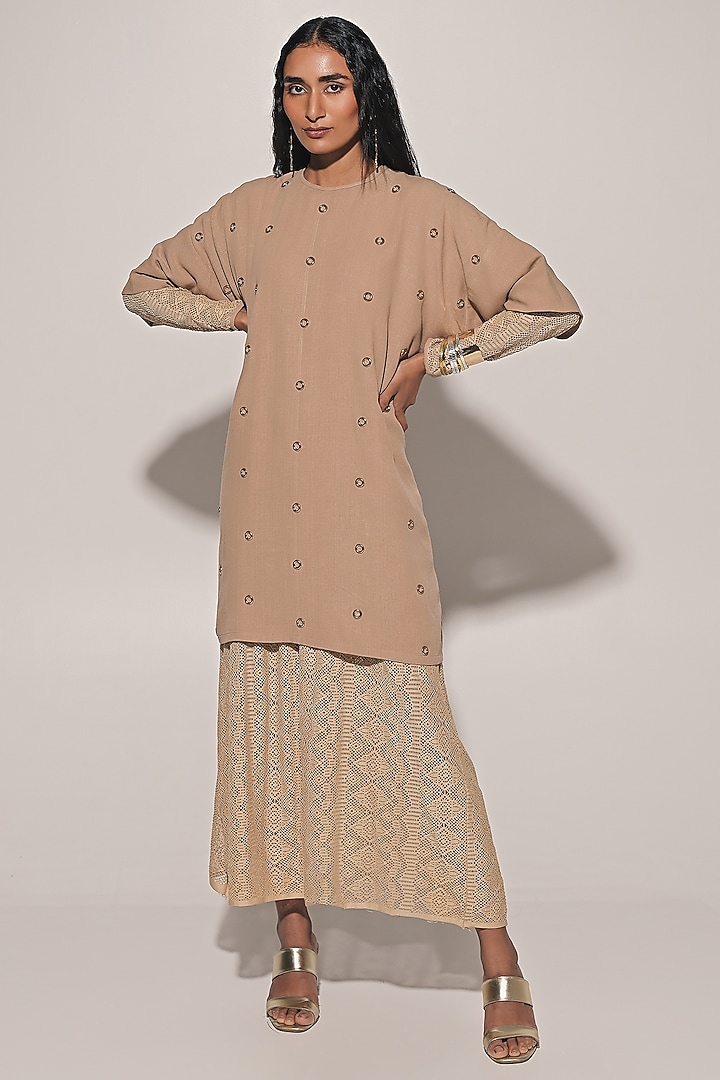 Beige Blended Linen Lace Summer Dress With Shirt by Kriti Bapna at Pernia's Pop Up Shop