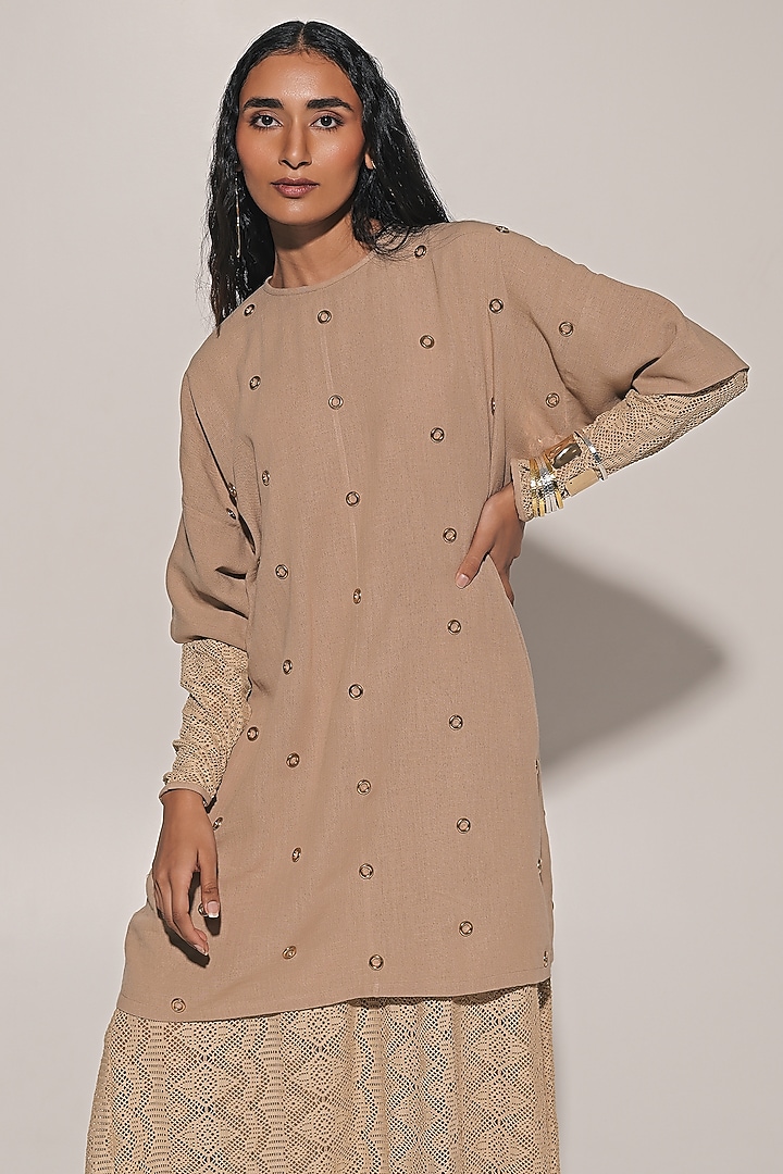 Beige Blended Linen Lace Summer Dress With Shirt by Kriti Bapna at Pernia's Pop Up Shop