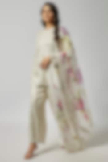 Ivory Satin Georgette Gota & Mirror Embroidered Striped Kurta Set by Kriti Bapna at Pernia's Pop Up Shop