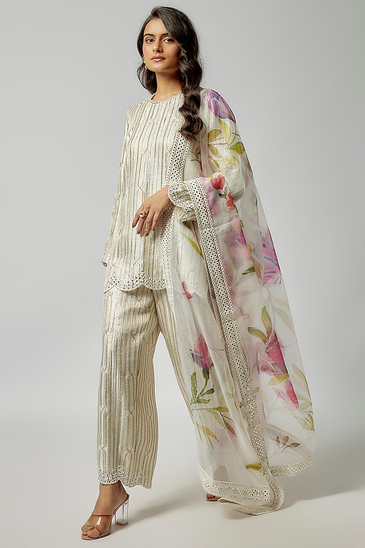 Ivory Satin Georgette Gota & Mirror Embroidered Striped Kurta Set by Kriti Bapna at Pernia's Pop Up Shop