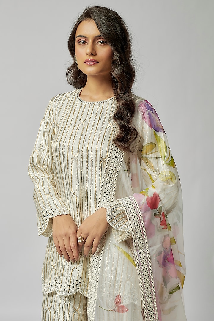 Ivory Satin Georgette Gota & Mirror Embroidered Striped Kurta Set by Kriti Bapna at Pernia's Pop Up Shop