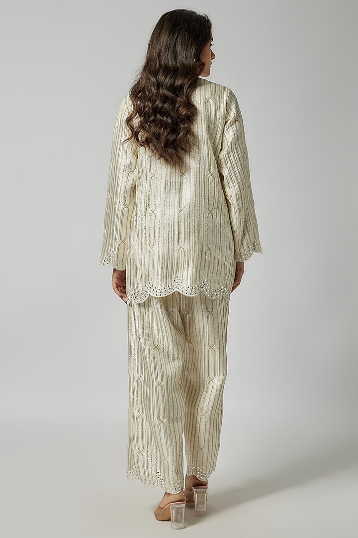 Ivory Satin Georgette Gota & Mirror Embroidered Striped Kurta Set by Kriti Bapna at Pernia's Pop Up Shop
