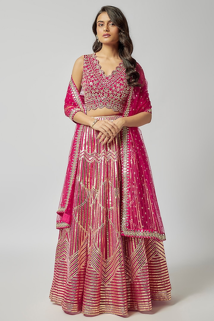 Pink Organza Geometric Embroidered Wedding Lehenga Set by Kriti Bapna at Pernia's Pop Up Shop