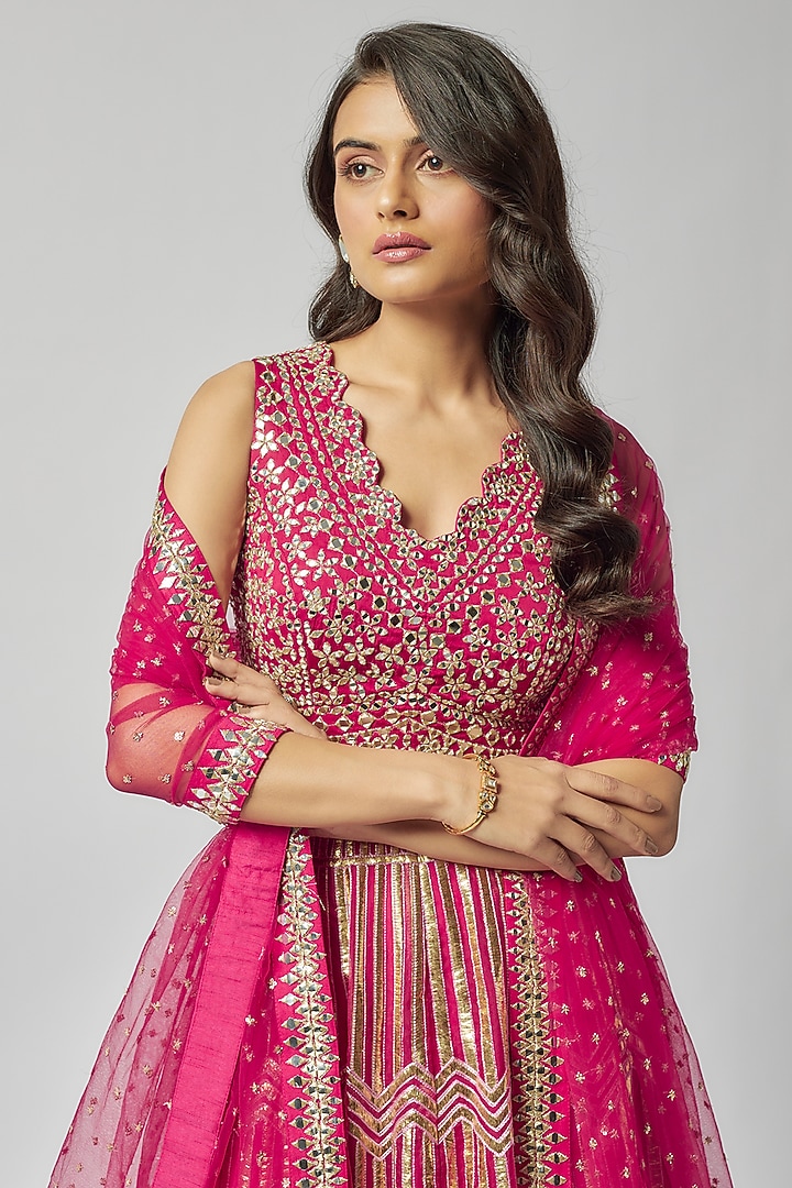 Pink Organza Geometric Embroidered Wedding Lehenga Set by Kriti Bapna at Pernia's Pop Up Shop