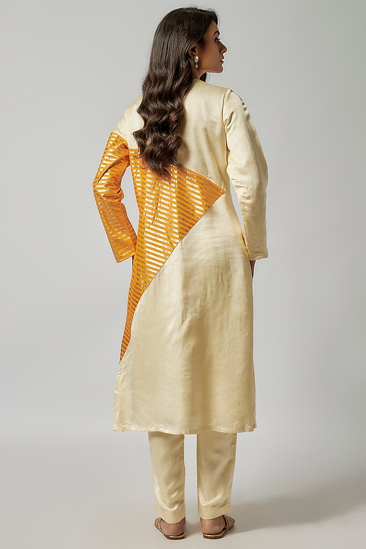 Yellow Satin Dupion Stripe Pattern Kurta Set by Kriti Bapna at Pernia's Pop Up Shop