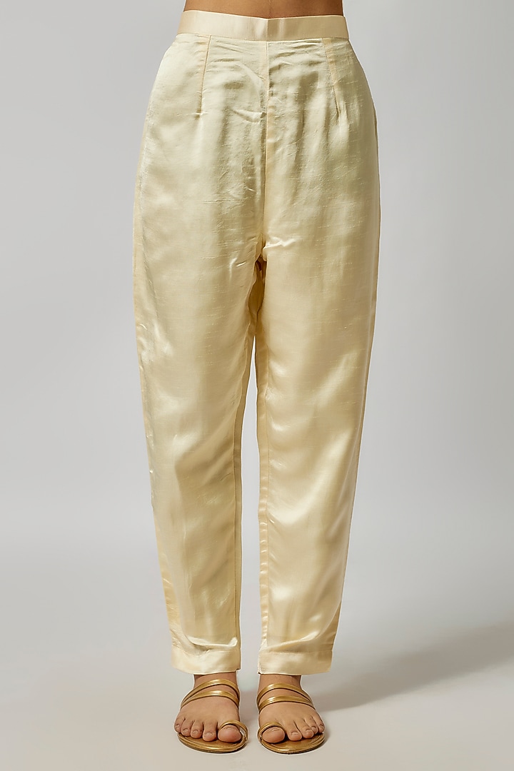 Yellow Satin Dupion Stripe Pattern Kurta Set by Kriti Bapna at Pernia's Pop Up Shop