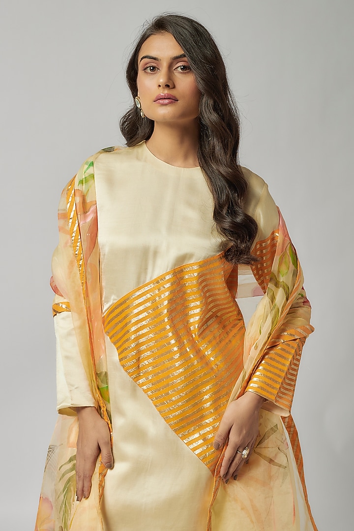 Yellow Satin Dupion Stripe Pattern Kurta Set by Kriti Bapna at Pernia's Pop Up Shop