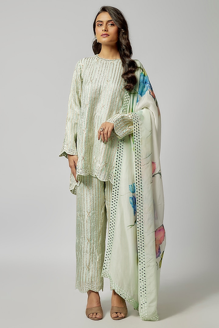 Mint Satin Georgette Gota & Mirror Embroidered Kurta Set by Kriti Bapna at Pernia's Pop Up Shop