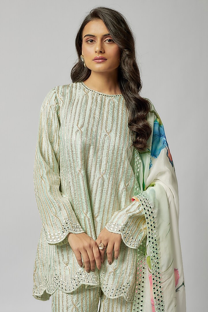Mint Satin Georgette Gota & Mirror Embroidered Kurta Set by Kriti Bapna at Pernia's Pop Up Shop