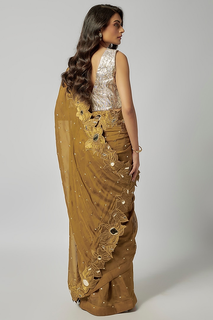 Brown Organza Applique Party Wear Saree Set by Kriti Bapna at Pernia's Pop Up Shop