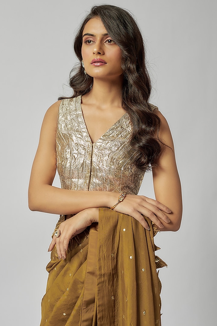 Brown Organza Applique Party Wear Saree Set by Kriti Bapna at Pernia's Pop Up Shop