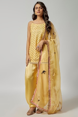 Yellow Satin Dupion Dhoti Set by Kriti Bapna