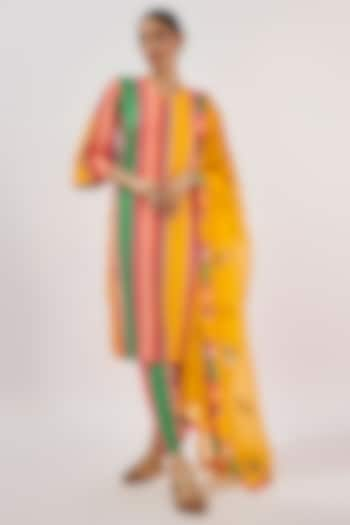 Multi-Colored Poly Silk Stripe Printed & Rexine Embroidered Kurta Set by Kriti Bapna at Pernia's Pop Up Shop