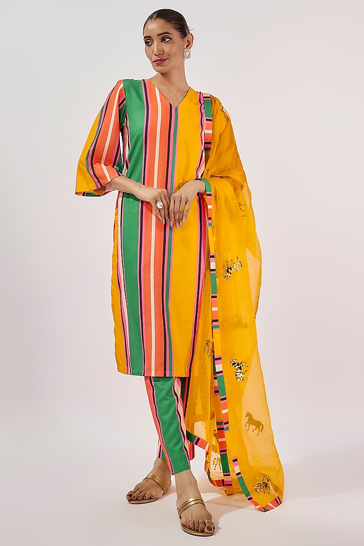 Multi-Colored Poly Silk Stripe Printed & Rexine Embroidered Kurta Set by Kriti Bapna at Pernia's Pop Up Shop