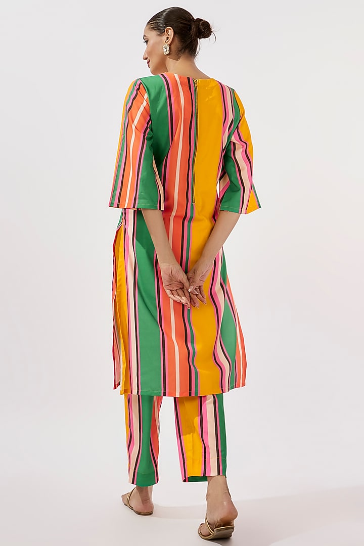 Multi-Colored Poly Silk Stripe Printed & Rexine Embroidered Kurta Set by Kriti Bapna at Pernia's Pop Up Shop