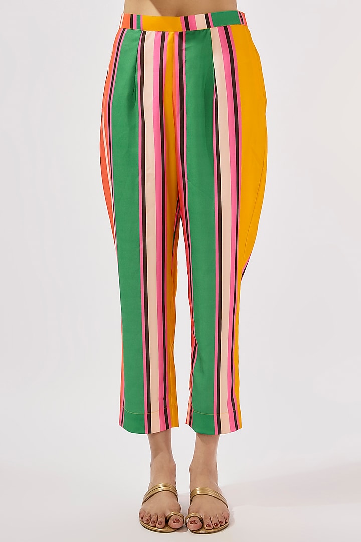 Multi-Colored Poly Silk Stripe Printed & Rexine Embroidered Kurta Set by Kriti Bapna at Pernia's Pop Up Shop