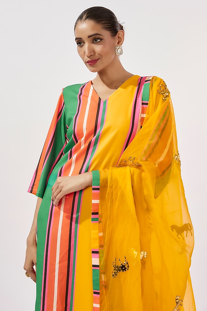 Multi-Colored Poly Silk Stripe Printed & Rexine Embroidered Kurta Set by Kriti Bapna at Pernia's Pop Up Shop