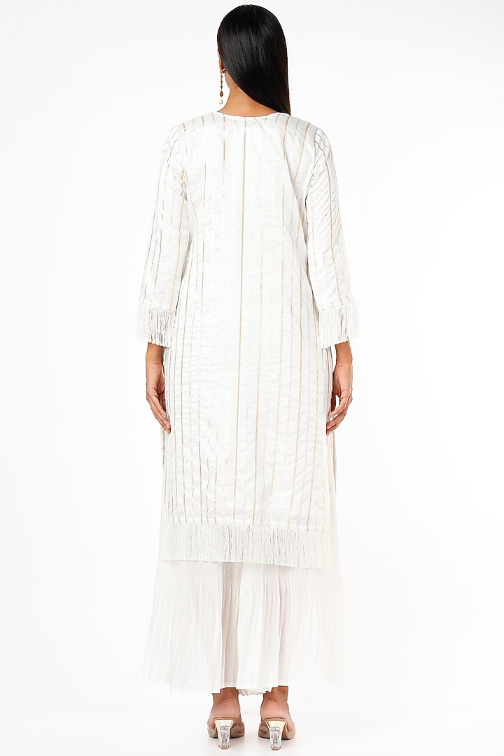 White Chanderi Striped Embroidered Kurta Set by Kriti Bapna at Pernia's Pop Up Shop