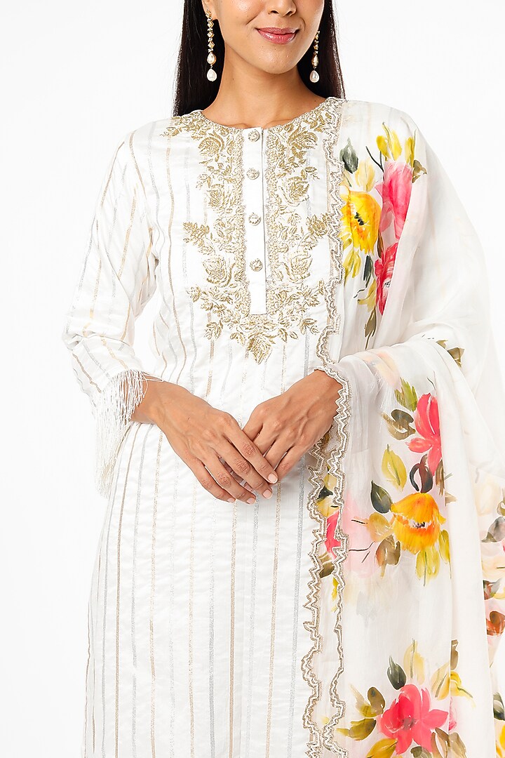 White Chanderi Striped Embroidered Kurta Set by Kriti Bapna at Pernia's Pop Up Shop