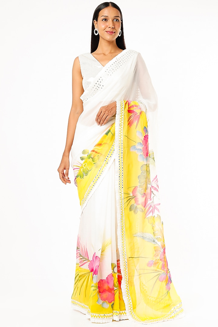 White Organza Embroidered & Handpainted Saree Set by Kriti Bapna