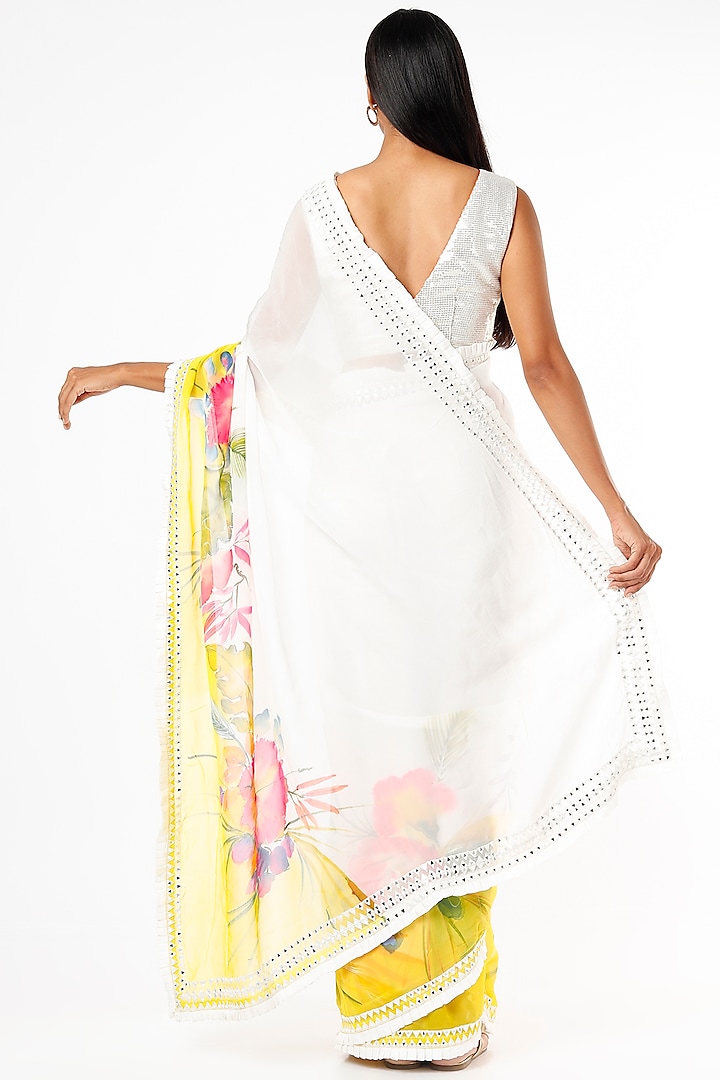 White Organza Embroidered & Handpainted Party Wear Saree Set by Kriti Bapna at Pernia's Pop Up Shop