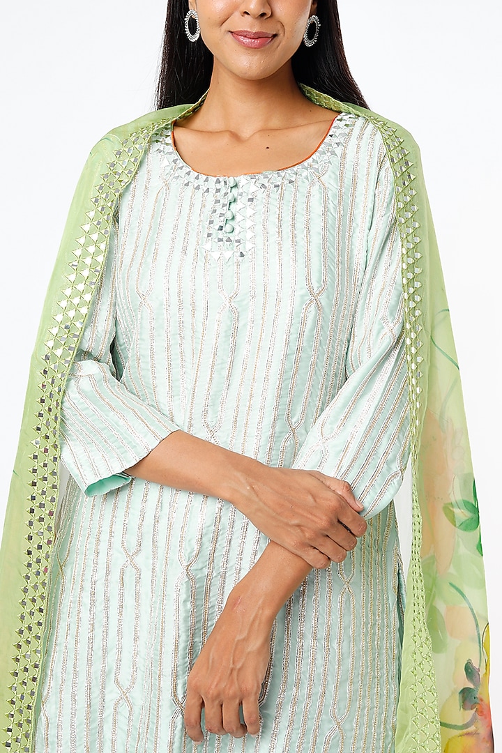 Mint Green Gota Striped & Embroidered Kurta Set by Kriti Bapna at Pernia's Pop Up Shop